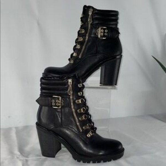 G by Guess Shoes - Black Heeled Combat Boots – Gold Hardware